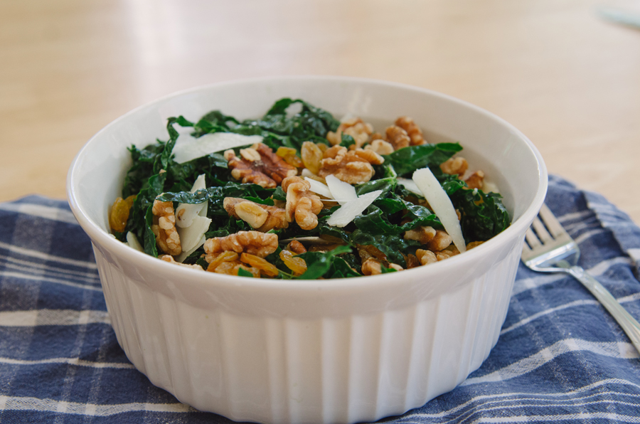 Kale Salad With Golden Raisins, Walnuts & Pecorino