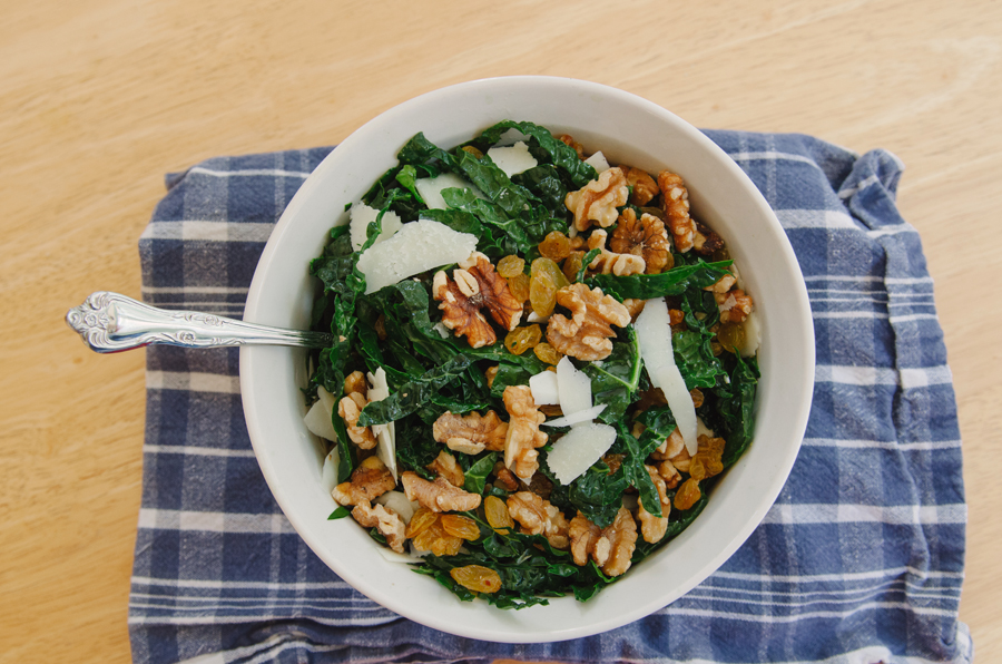 Kale Salad With Golden Raisins, Walnuts & Pecorino