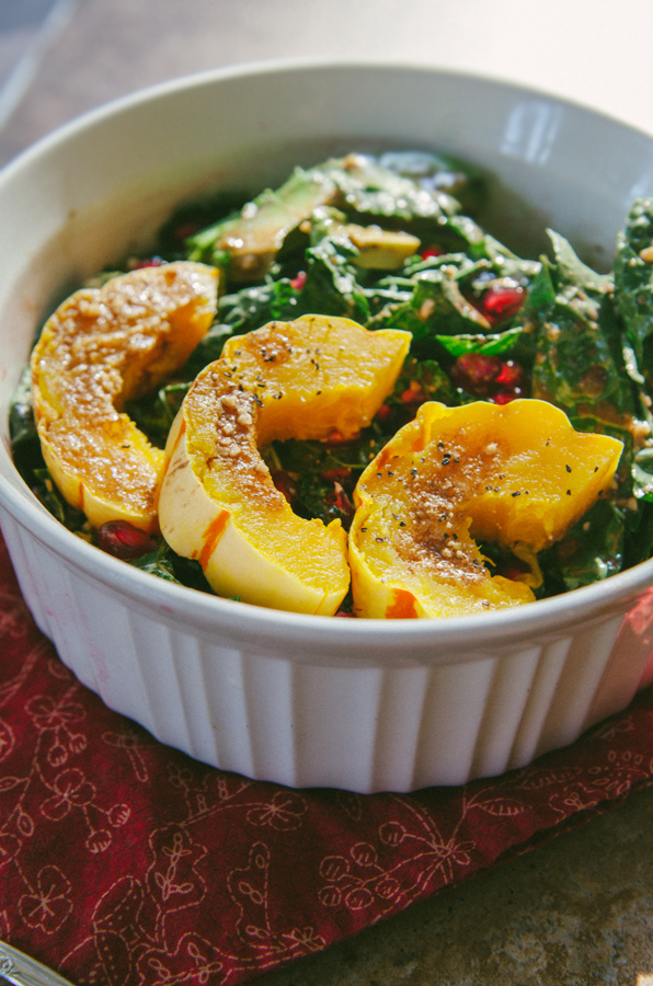 Delicata, Pomegranate & Avocado Kale Salad { Gluten-Free, Paleo & Vegan}