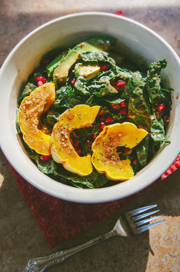 Delicata, Pomegranate & Avocado Kale Salad { Gluten-Free, Paleo & Vegan}