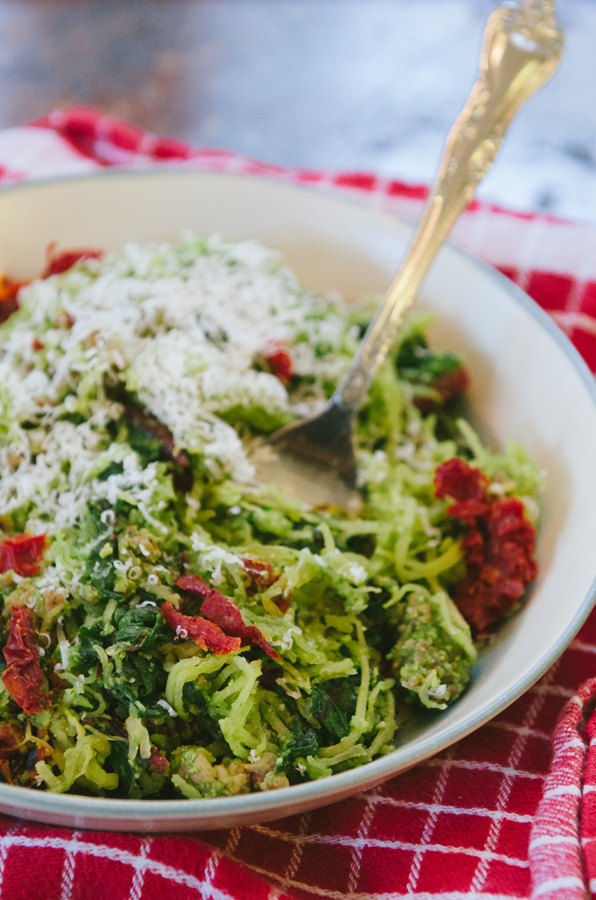 Spaghetti Squash Pesto Pasta With Chard & Sun Dried Tomatoes | So...Let's Hang Out