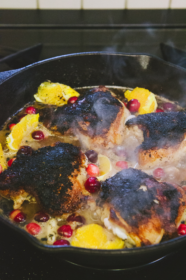 Crispy Chicken Thighs With Orange, Cranberry & Coconut Greens 