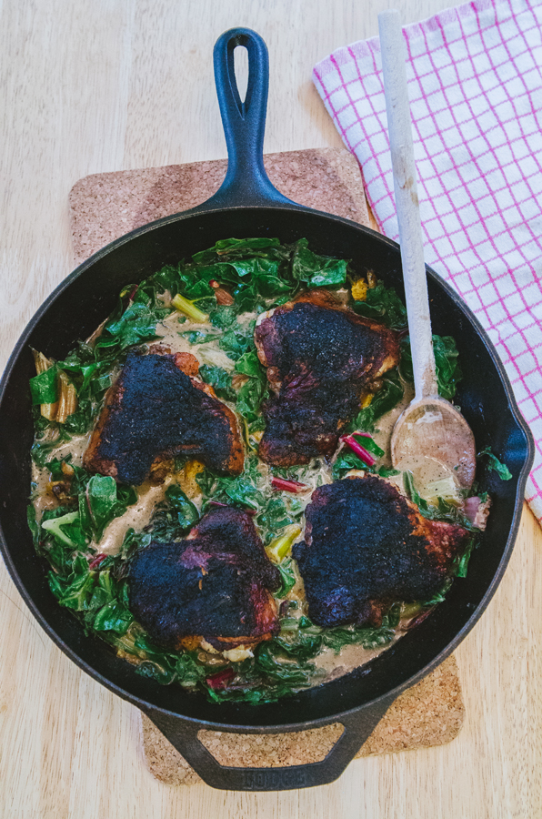 Crispy Chicken Thighs With Orange, Cranberry & Coconut Greens 