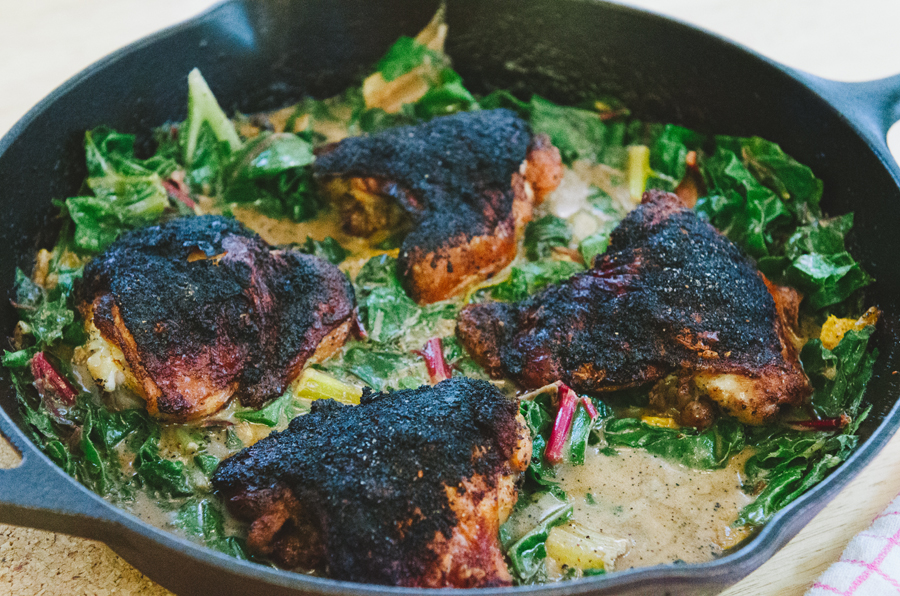 Crispy Chicken Thighs With Orange, Cranberry & Coconut Greens 