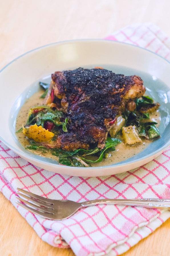 Crispy Chicken Thighs With Orange, Cranberry & Coconut Greens 