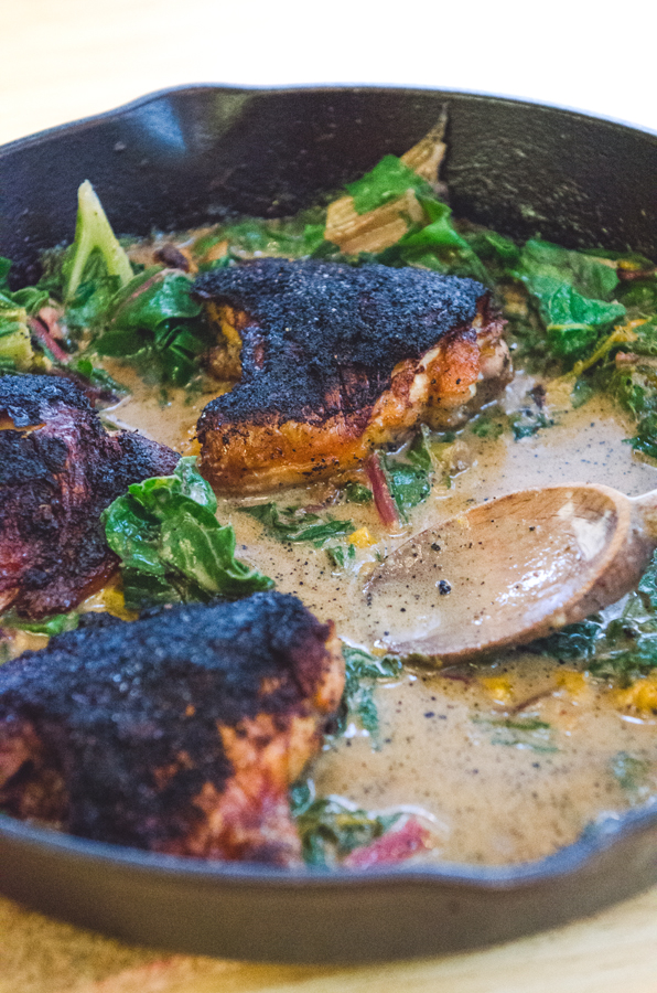 Crispy Chicken Thighs With Orange, Cranberry & Coconut Greens 