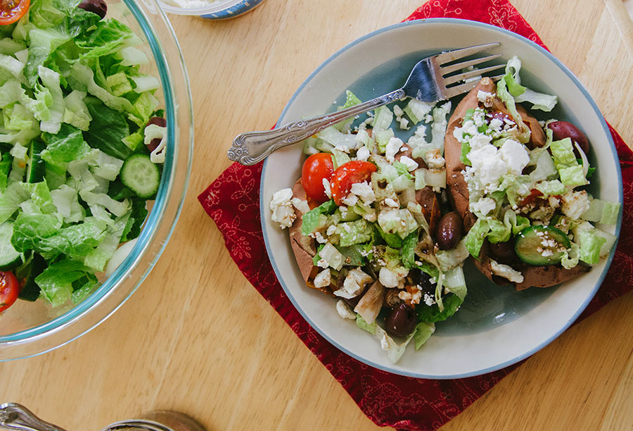 Greek Salad-Stuffed Sweet Potatoes| soletshangout.com