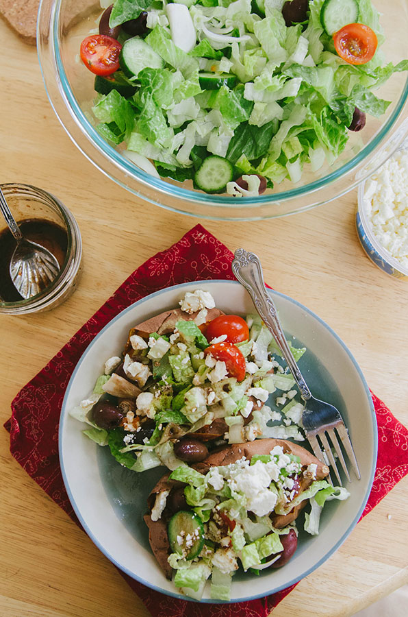 Greek Salad-Stuffed Sweet Potatoes| soletshangout.com