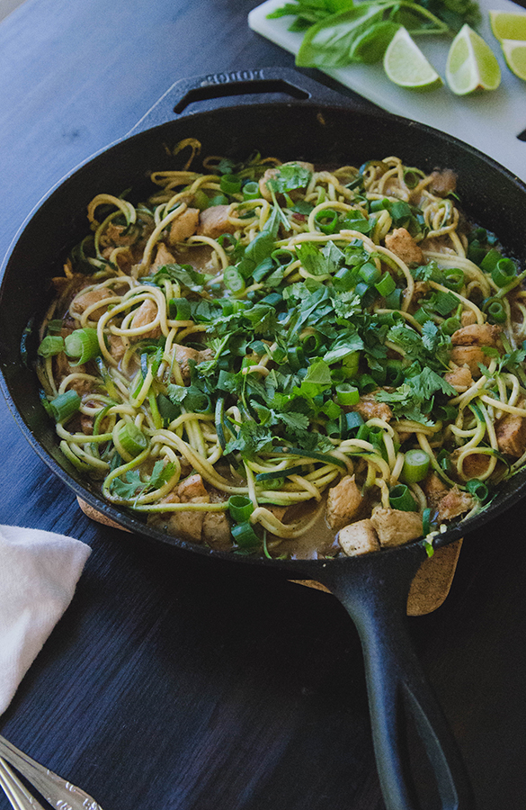 chicken satay skillet with zucchini noodles {gluten-free + paleo option}