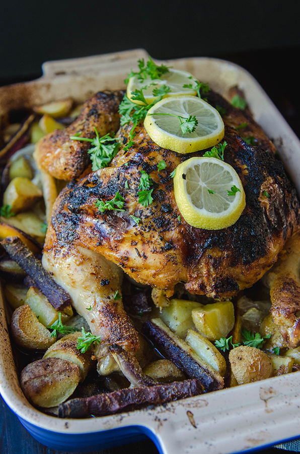 Whole Roasted Butter, Lemon & Rosemary Chicken With Garlic & Root Vegetables | soletshangout.com #glutenfree #paleo #primal #comfortfood #roastchicken #jerf