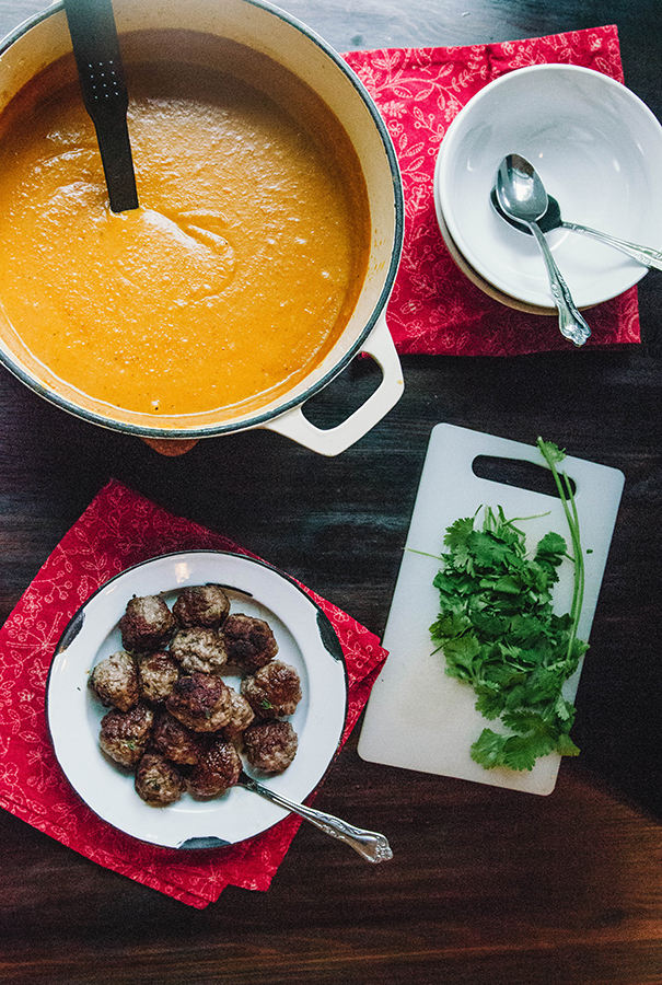 Roasted Kabocha Squash, Carrot & Ginger Soup With Lamb Meatballs | soletshangout.com #glutenfree #paleo #primal #aip #fall #autoimmune #soup #squash #meatballs