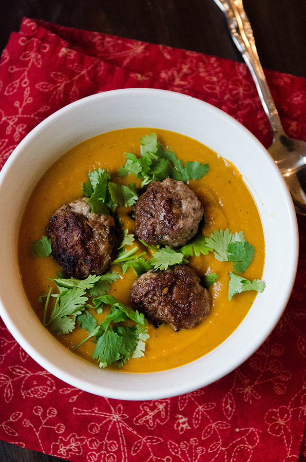 roasted kabocha squash, carrot & ginger soup with lamb meatballs