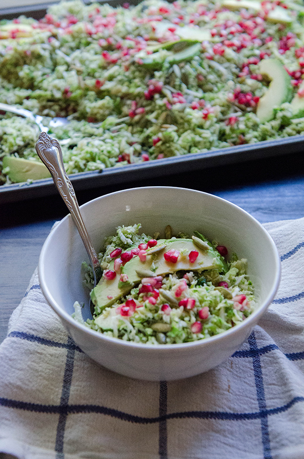 Shredded Brussels Sprout & Green Apple Salad With Avocado & Pomegranate Seeds // soletsangout.com #salad #brusselssprouts #thanksgiving #veggies #paleo #primal #glutenfree #vegan #raw