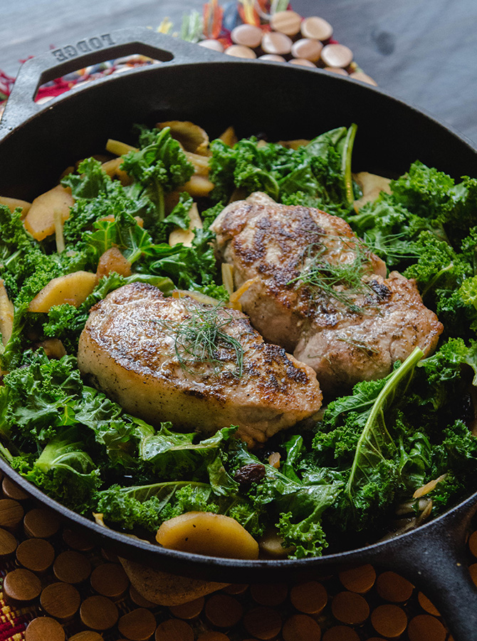 So…Let's Hang Out – One-Skillet Pork Chops With Apples, Fennel and Kale ...