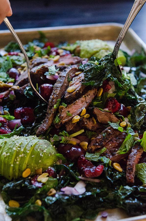 Massaged Kale Salad With Cherries, Pistachios & Grilled Flank Steak by @SoLetsHangOut // www.soletshangout.com #salad #kale #steak #grilled #cherries #paleo #glutenfree #healthy #primal #grainfree #whole30 