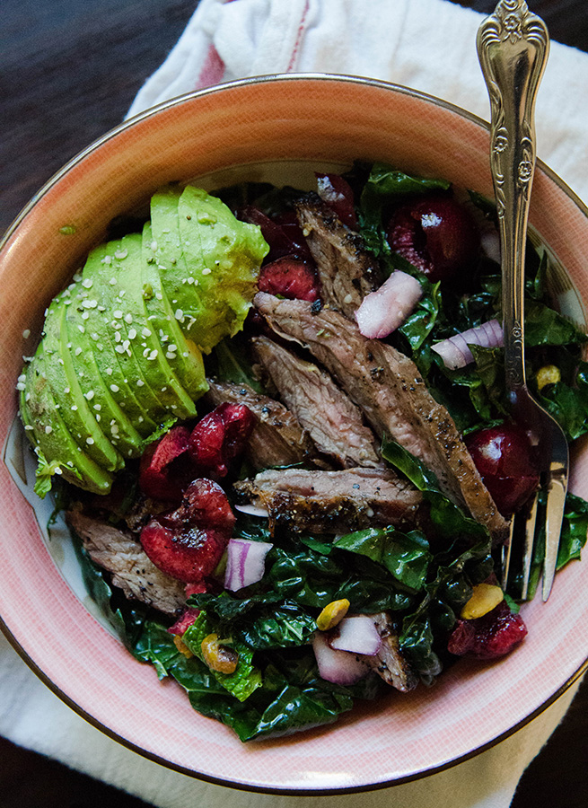Massaged Kale Salad With Cherries, Pistachios & Grilled Flank Steak by @SoLetsHangOut // www.soletshangout.com #salad #kale #steak #grilled #cherries #paleo #glutenfree #healthy #primal #grainfree #whole30 