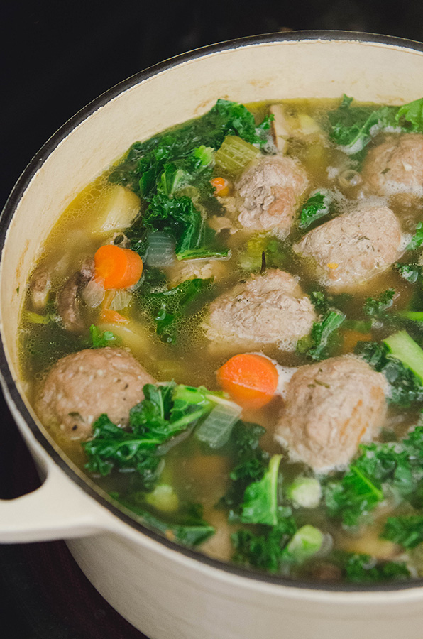 So…Let's Hang Out – Turkey Meatball Soup With Kale + Mushrooms