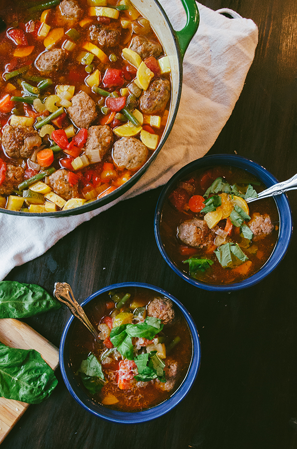 #Paleo Minestrone Soup with Italian Pork Meatballs by @SoLetsHangOut #soup #primal #glutenfree #minestrone #meatballs #comfortfood 