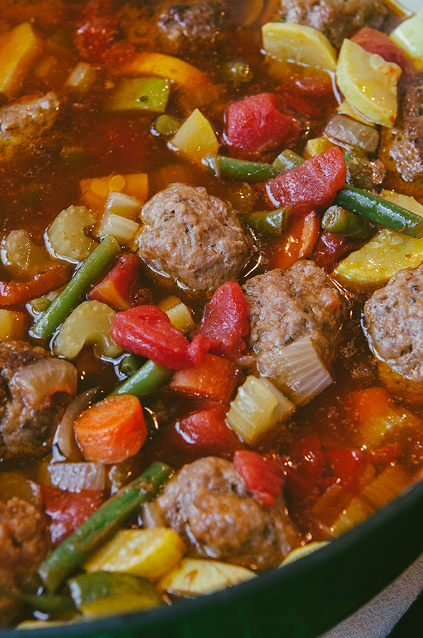 #Paleo Minestrone Soup with Italian Pork Meatballs by @SoLetsHangOut #soup #primal #glutenfree #minestrone #meatballs #comfortfood 