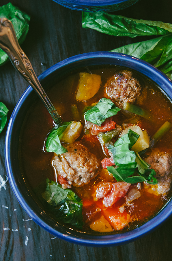 #Paleo Minestrone Soup with Italian Pork Meatballs by @SoLetsHangOut #soup #primal #glutenfree #minestrone #meatballs #comfortfood 