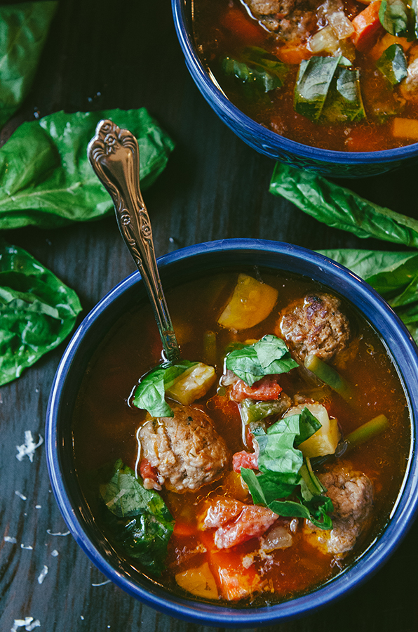 #Paleo Minestrone Soup with Italian Pork Meatballs by @SoLetsHangOut #soup #primal #glutenfree #minestrone #meatballs #comfortfood 