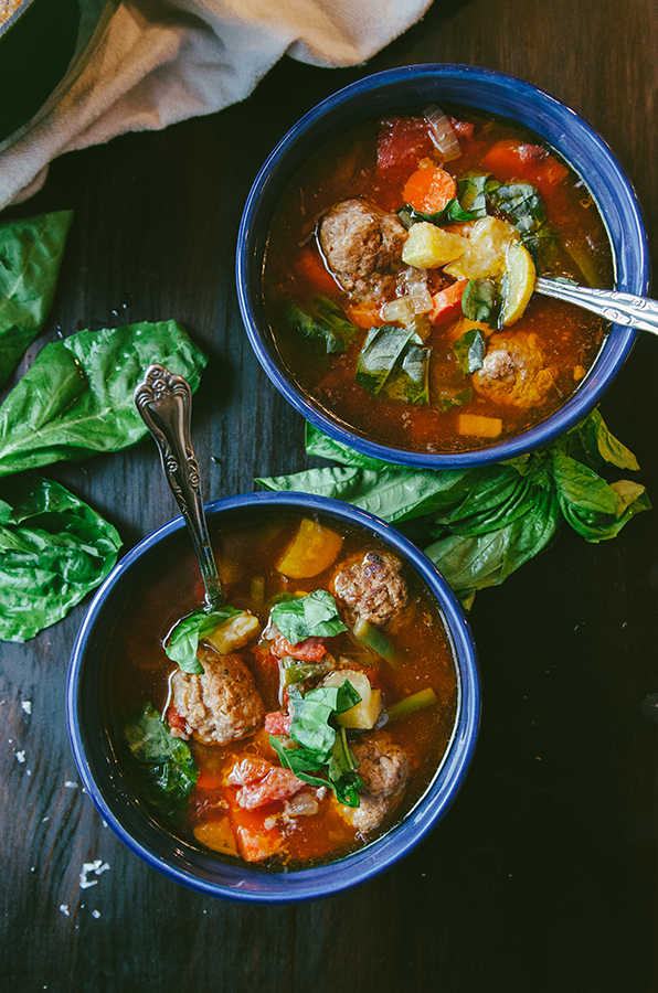 #Paleo Minestrone Soup with Italian Pork Meatballs by @SoLetsHangOut #soup #primal #glutenfree #minestrone #meatballs #comfortfood 